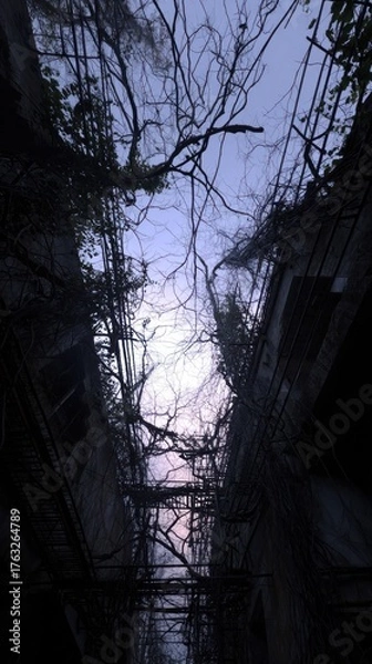 Fototapeta Overgrown cityscape, buildings entwined with vines beneath a hazy sky, soft glow