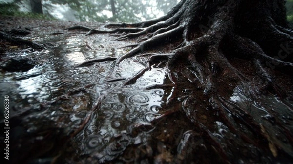 Fototapeta Raindrops rippling on a puddle near tree roots in a misty forest, low angle perspective