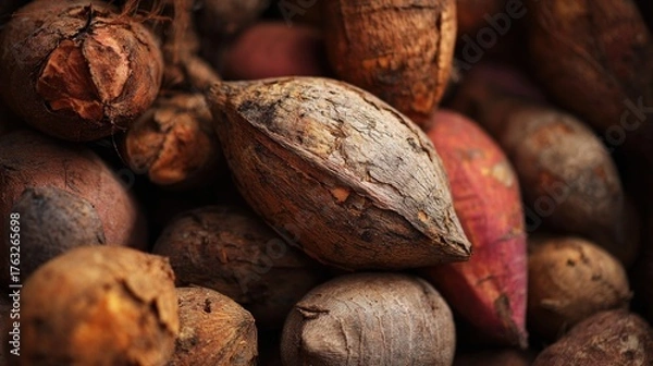 Fototapeta Raw sweet potatoes root vegetables harvest
