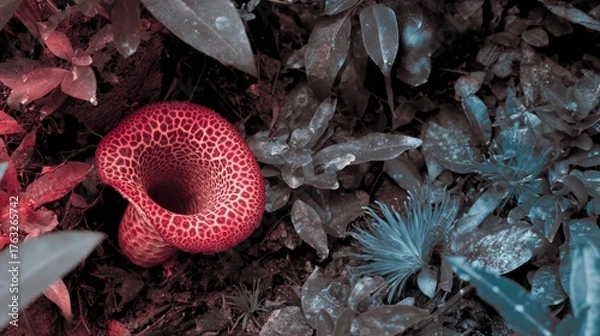 Fototapeta Red mushroom stands out in foliage with a red & blue split-toned color treatment