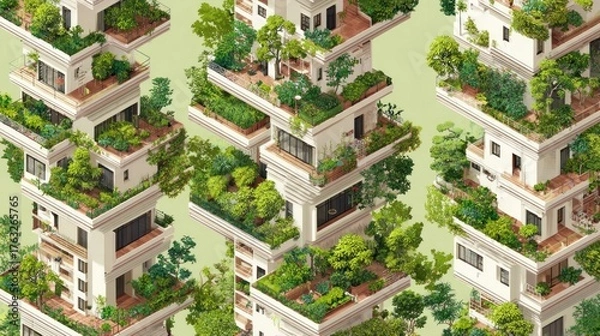 Fototapeta Repeating residential buildings, each level filled with abundant greenery and plants