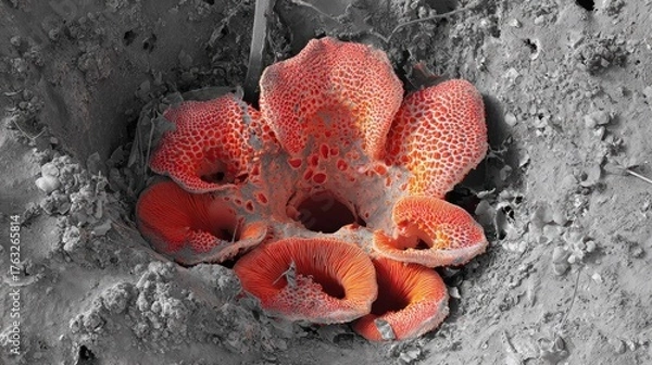 Fototapeta Red, textured flower with a porous center, surrounded by monochrome textured ground