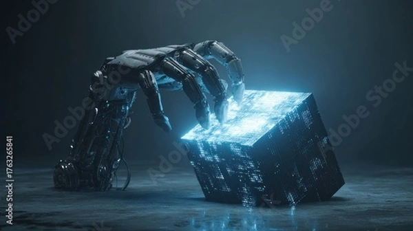 Fototapeta Robot hand interacting with glowing cube