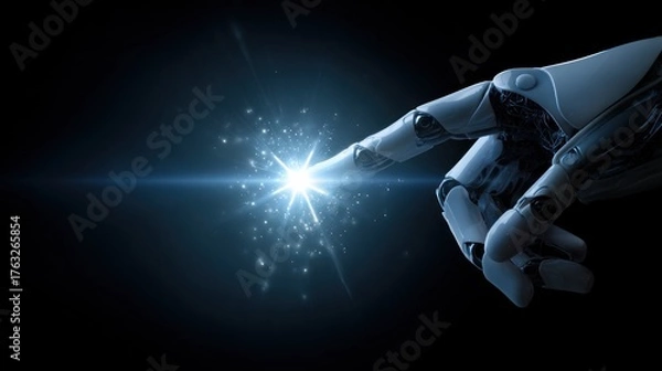 Fototapeta Robot hand touching glowing light burst