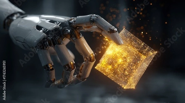 Fototapeta Robotic hand holding glowing data cube