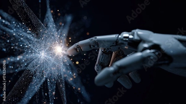Fototapeta Robotic hand interacting with digital data burst