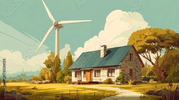 Fototapeta Rural house with windmill in sunny, grassy field, trees, and cloudy sky backdrop