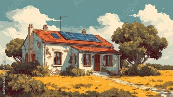 Fototapeta Rustic house with solar panels nestled in a sunny meadow with a cloudy sky