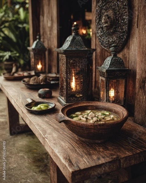 Fototapeta Rustic table with food and lanterns