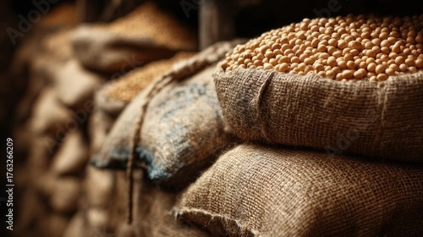 Fototapeta Sacks of soybeans in storage