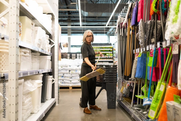 Obraz Woman cleaning retail store aisle with a broom in a well-stocked home goods section during the day