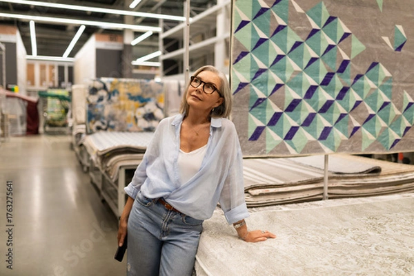 Obraz Woman explores beautiful fabric designs in a home decor store during a casual afternoon visit