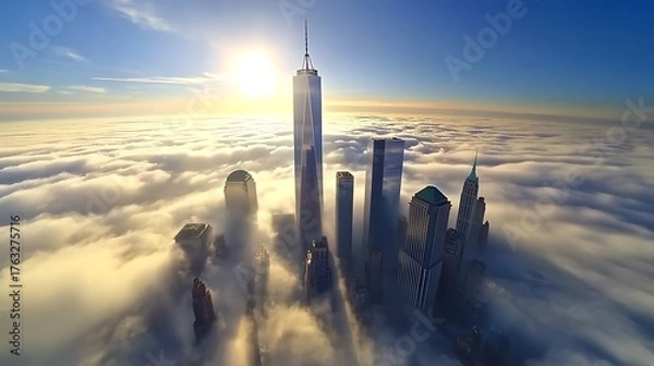 Fototapeta Skyscrapers piercing through the clouds with a clear blue sky above