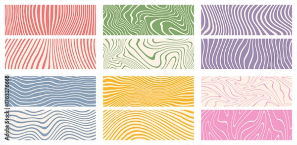 Fototapeta Distorted deformed lines vector striped backgrounds 1:3 banners set. Fluid curved wiggling doodle uneven hand drawn wavy organic stripes waves. Funky ornaments groovy hippie patterns collection