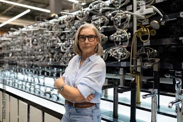 Obraz Skilled professional stands confidently in modern plumbing supply store showcasing various fixtures and equipment