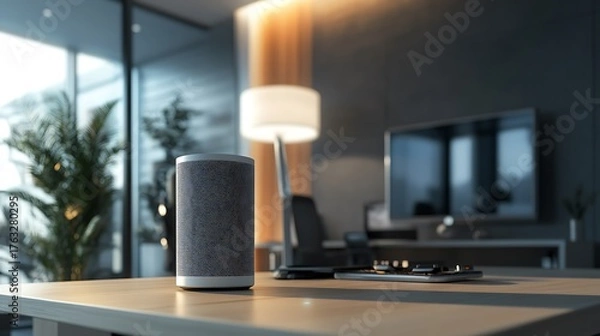 Fototapeta A smart speaker in a modern office environment, controlling lights, temperature (3)