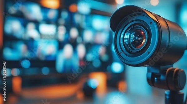 Fototapeta A smart video conferencing camera on an office desk, showing high-definition video streaming (2)