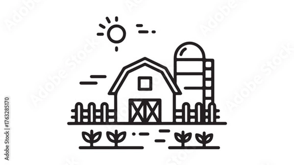 Obraz Charming minimalist illustration of a sunny farm with barn, silo, and crops.