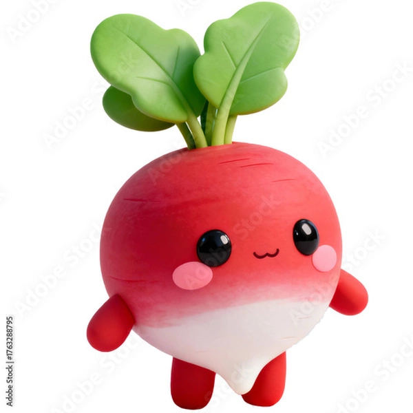 Obraz Cute 3D plush vegetable kawaii cut-out character. Funny radish with glossy eyes and smile. Cute garden mascot.