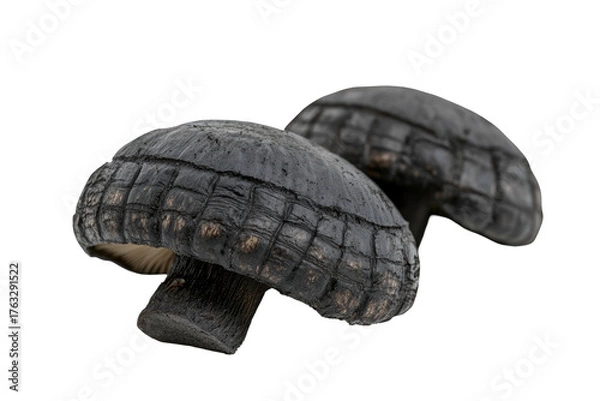 Fototapeta Two dark, furrowed mushrooms against a black background