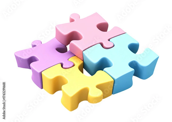 Fototapeta Interlocked pastel puzzle pieces, top view, 3D render