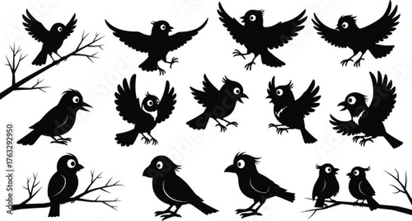 Fototapeta Bird silhouette illustration, perched and flying birds on branches, wildlife animal shapes for design, black and white flat vector collection