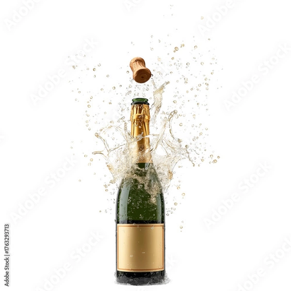 Fototapeta Champagne bottle popping cork with splash isolated on a transparent background