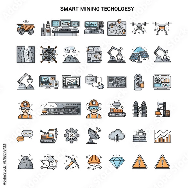 Obraz Comprehensive collection of industrial mining and excavation icons, featuring heavy machinery, worker tools, raw materials, and underground structures for resource extraction and construction projects