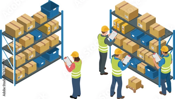 Obraz Isometric 3D illustration of warehouse inventory management with workers checking shelves, boxes, logistics storage, and industrial supply chain organization