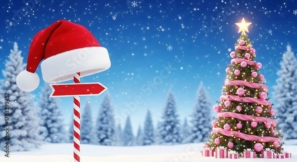 Fototapeta Festive christmas scene with a decorated evergreen tree adorned with pink ribbon and a star alongside a santa hat on a candy cane pole with a directional signpost set against a snowy winter forest bac