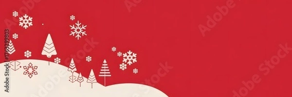Fototapeta Elegant Christmas winter background, stylized trees, festive snowflakes, a modern red and cream design, perfect for holiday greetings, seasonal banners, elegant promotions, and versatile copy space