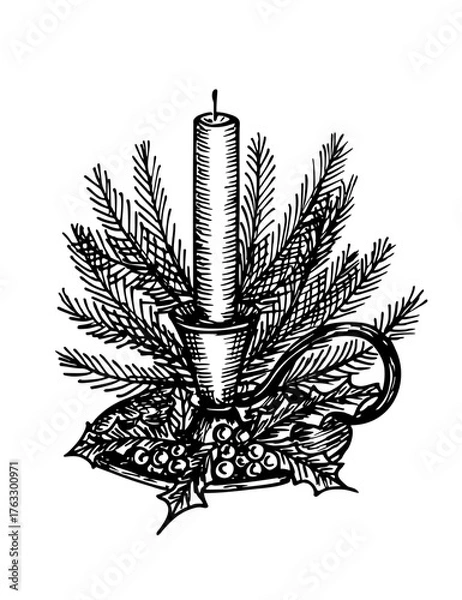 Obraz Sketch illustration of festive candle in a candlestick with spruce branches, holly flower and berries. Festive Christmas composition. Vector line art drawing, isolated