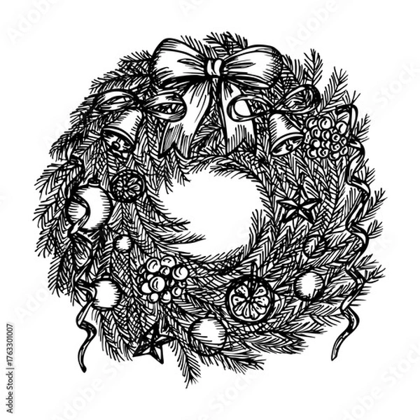 Obraz Sketch illustration of Christmas wreath with decorations. Festive composition. Vector line art drawing, isolated