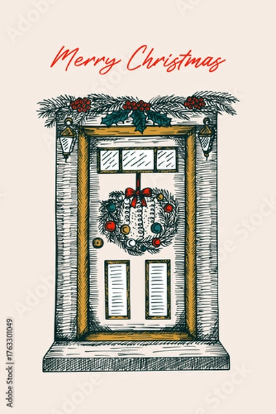 Obraz Merry Christmas greeting card with lettering. A front door decorated with a Christmas wreath and fir tree branches. Hand-drawn sketch illustration. Vector line art drawing, isolated