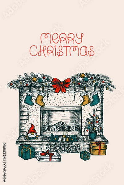 Obraz Merry Christmas greeting card with lettering. A fireplace decorated with Christmas elements, toys, gifts. Hand-drawn sketch illustration. Vector line art drawing, isolated