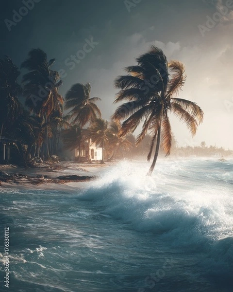Fototapeta Dramatic ocean wave crashing on tropical beach with palm trees and moody sky, scenic landscape photography, coastal storm