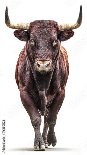 Obraz Powerful Brown Bull Charging Forward Close Up Isolated on White Background Studio Shot Strength and Determination