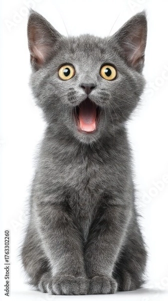 Obraz Gray Kitten Sits and Yawning Portrait on White Background Frontal View Cute Expression Big Eyes Open Mouth Pet Animal