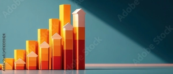 Obraz Rising house prices shown by bar graph and house shape blocks on blue background studio shot concept