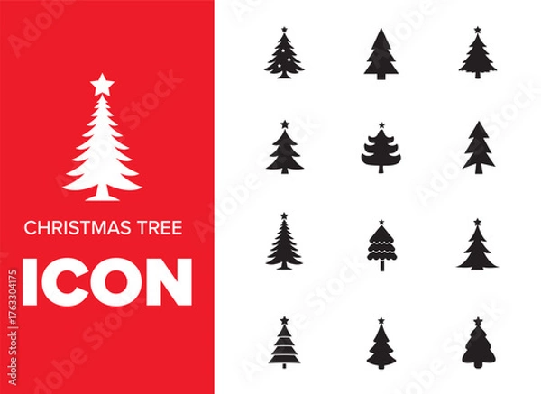 Fototapeta Isolated Christmas tree icon with a star. Christmas tree icon collection - vector illustration. Pine Silouette icon set. Fir tree vector set. Various Christmas tree silhouettes.