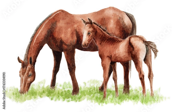 Obraz アナログ水彩画馬の親子