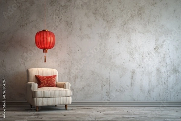 Fototapeta A cozy armchair with a red lantern hangs above it in a room.