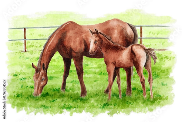 Obraz アナログ水彩画牧場にいる馬の親子