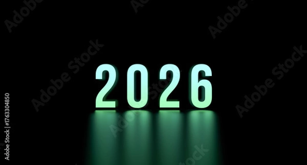 Fototapeta 2026, neon number, the number 2026 glowing with reflection on a black background. Green 2026 with a tint, abstract concept, wallpaper. 3D render