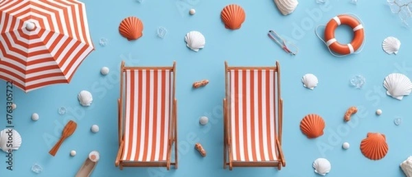 Fototapeta Summer Beach Scene Flat Lay with Deck Chairs and Umbrella on Light Blue Background Aerial View