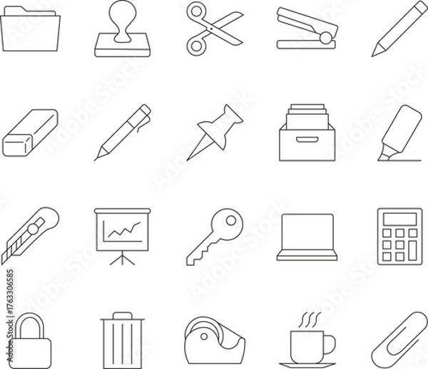 Fototapeta Modern collection of editable line icons representing office supplies and stationery items for professional use