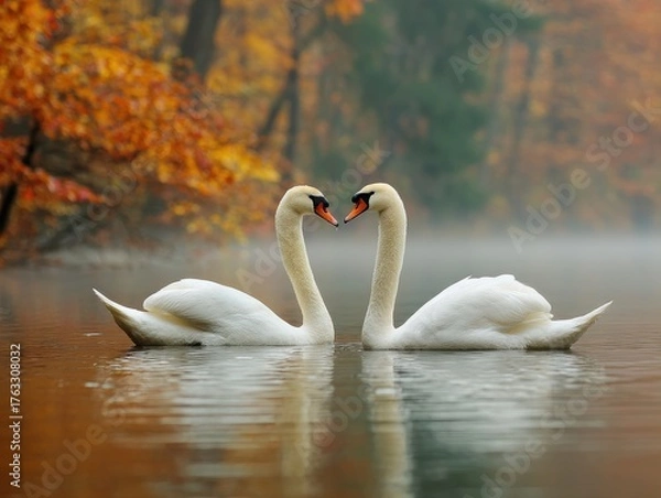 Obraz Two Mute Swans Forming Heart Shape in Autumn Lake Serenity Close Up Eye Level Shot in Misty Morning Light