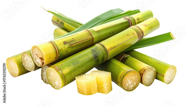 Fototapeta Pile of raw sugarcane stalks and cut pieces with green leaves, isolated on a black backdrop