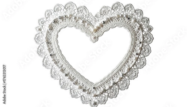 Fototapeta Lacy, white heart frame with scalloped edges, set against a black backdrop, suggests romance or celebration