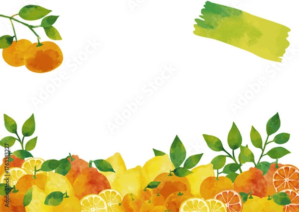 Obraz 水彩風 冬の柑橘類（ユズ・ミカン・レモン・デコポン・キンカン）フレーム
